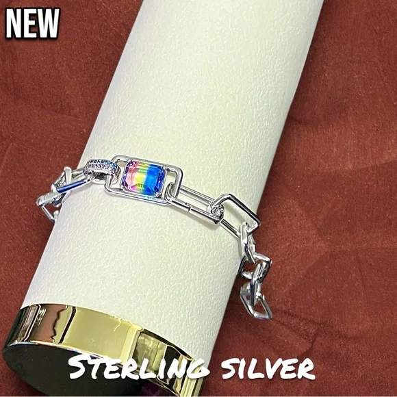 New .925 Sterling Silver Charm bracelet (charms not included) with rainbow stone - Picture 7 of 8